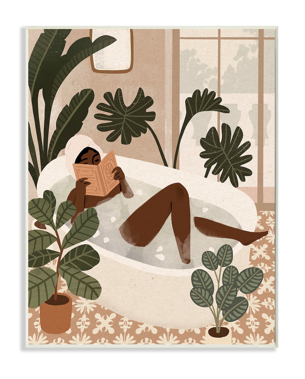 Stupell Industries Female Reading in Bath Tropical Palm Plants Wall Plaque